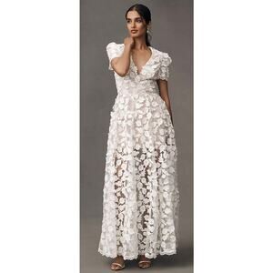 Helsi Clara Puff-Sleeve Sheer Floral Appliqué Maxi Dress Sz Medium NWT